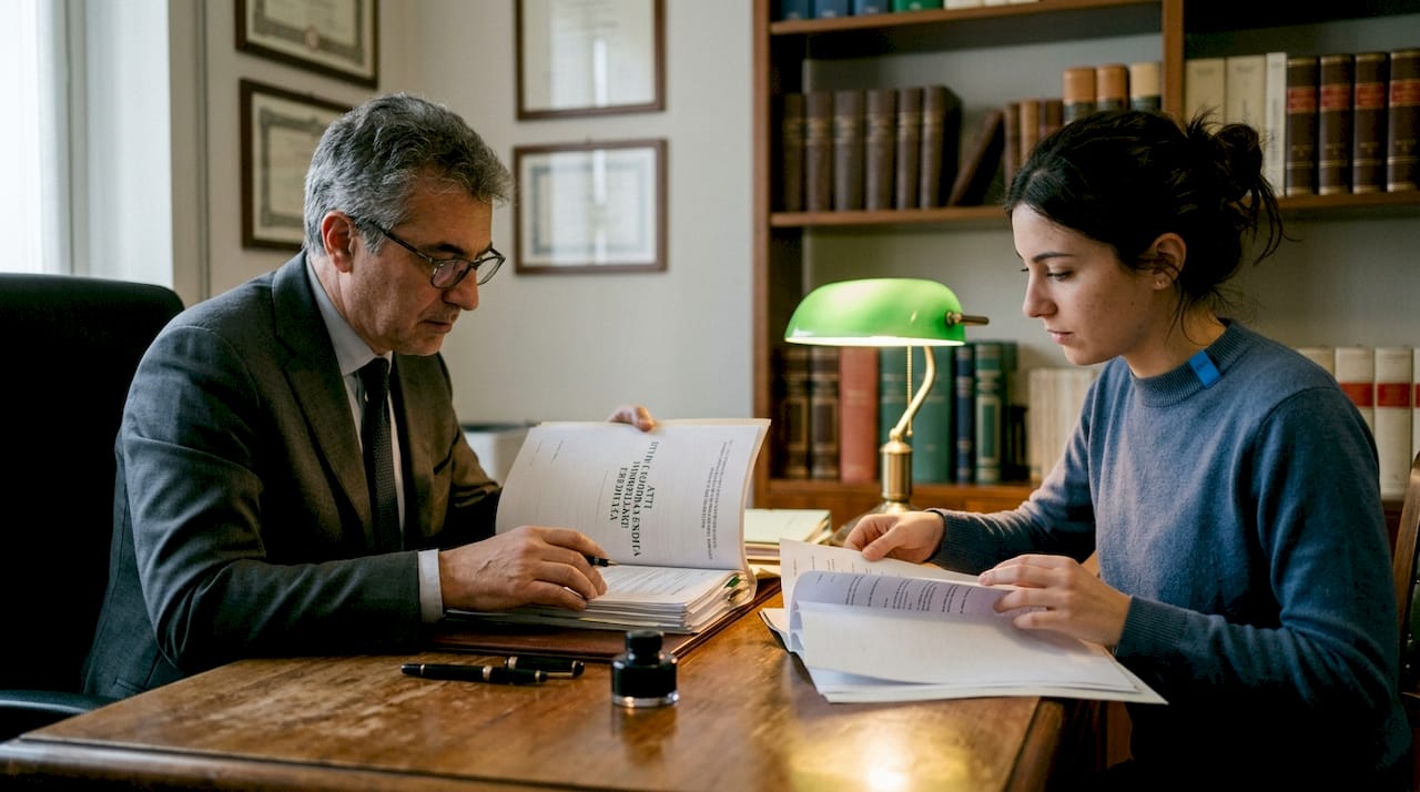 Il notaio e il cliente analizzano insieme la documentazione relativa a una successione nello studio notarile.