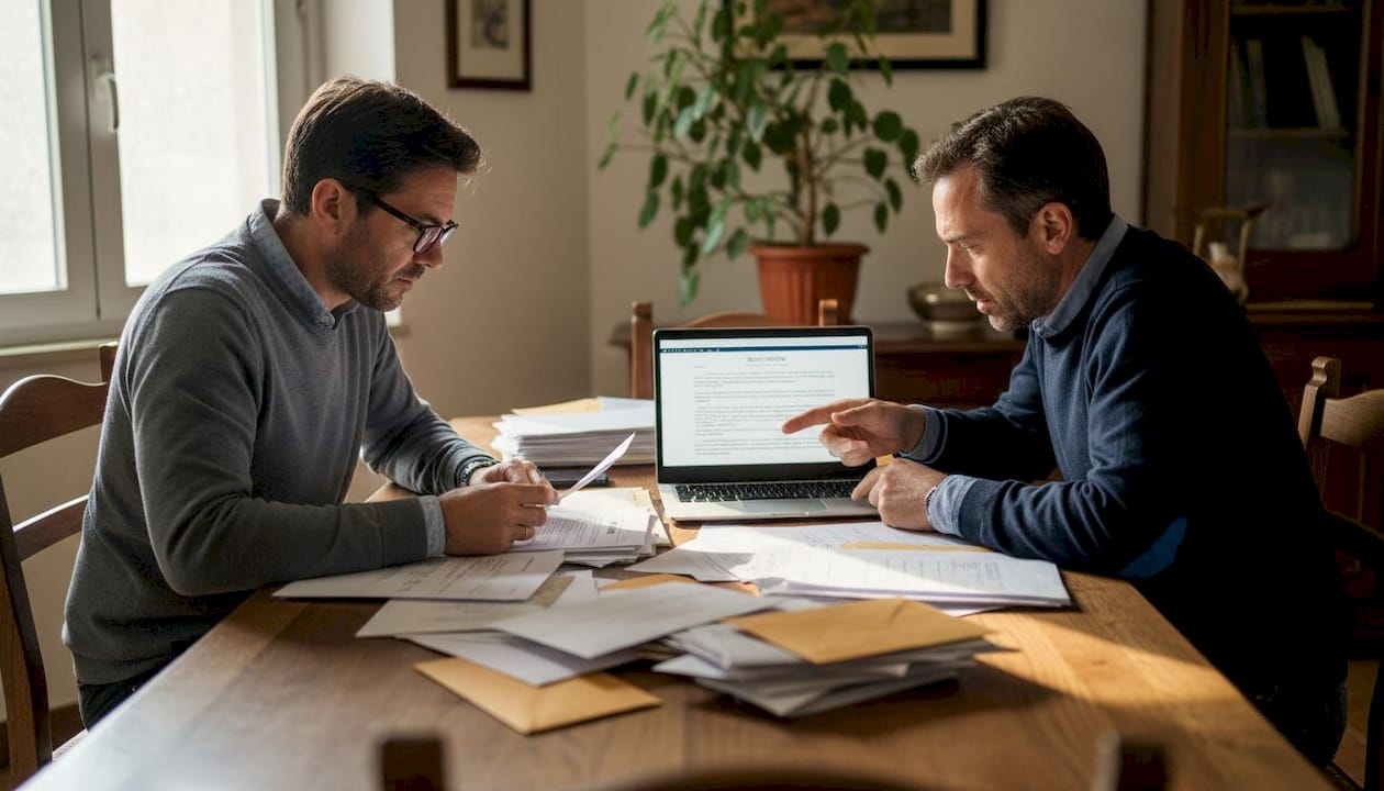 In sala da pranzo, i fratelli stanno discutendo animatamente dei documenti relativi all’eredità.
