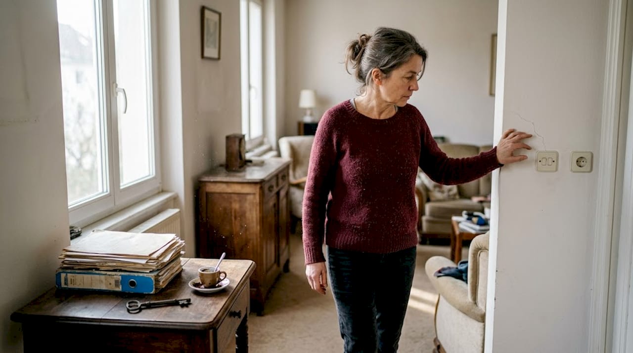 Una donna ispeziona con attenzione i particolari del soggiorno nella casa che ha appena ereditato.