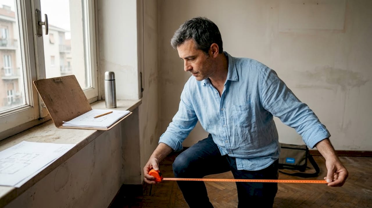 Il geometra prende le misure della stanza vuota in vista dei lavori di ristrutturazione.