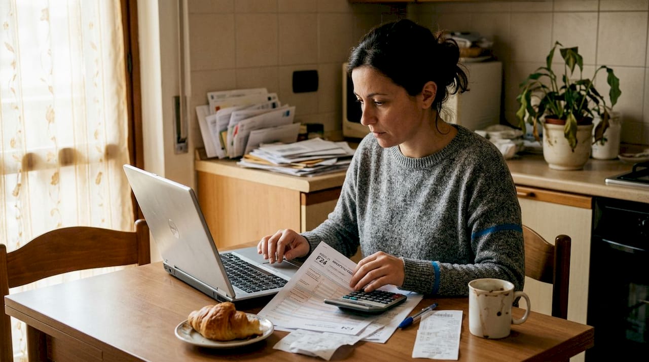 Una donna si occupa del pagamento delle tasse di successione sulla casa, seduta al tavolo della cucina.