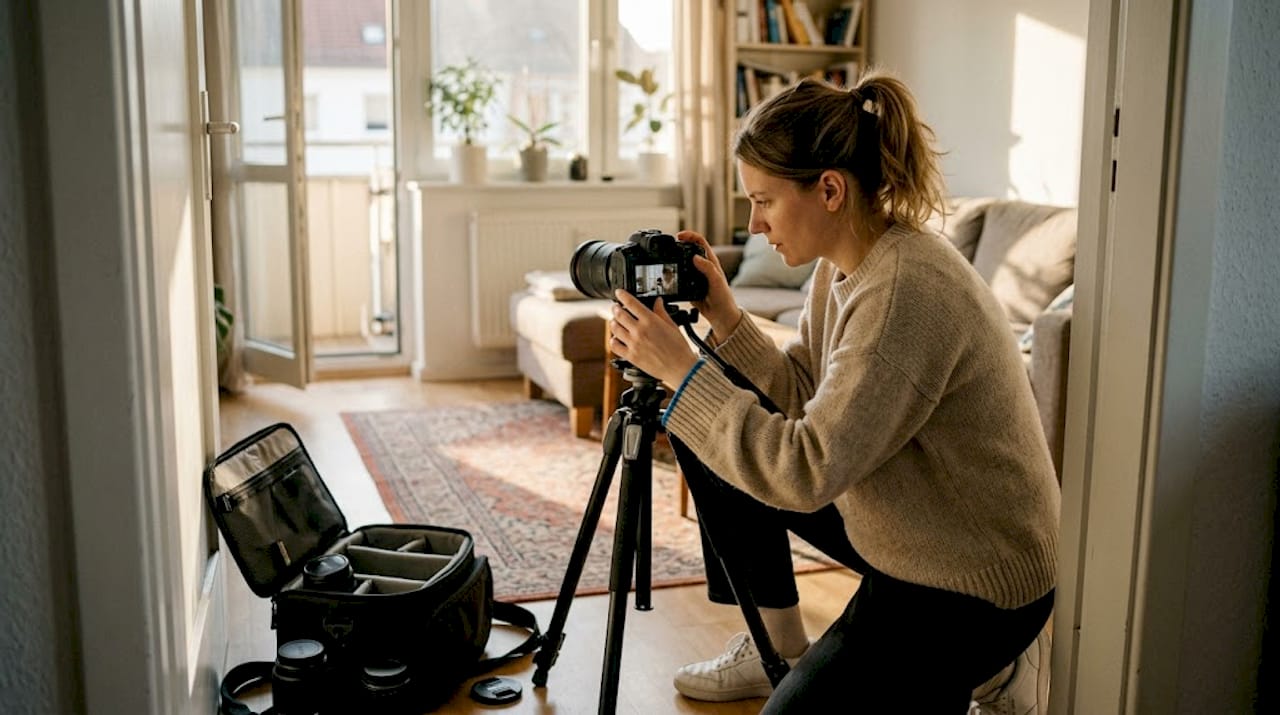 Una fotografa prepara il treppiede nel soggiorno pieno di luce.