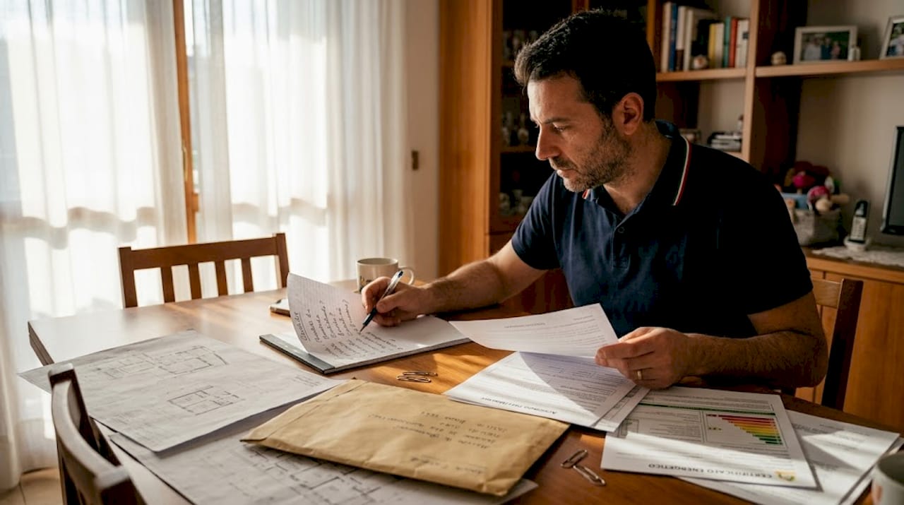 Uomo che controlla la lista dei documenti necessari per la vendita di un immobile