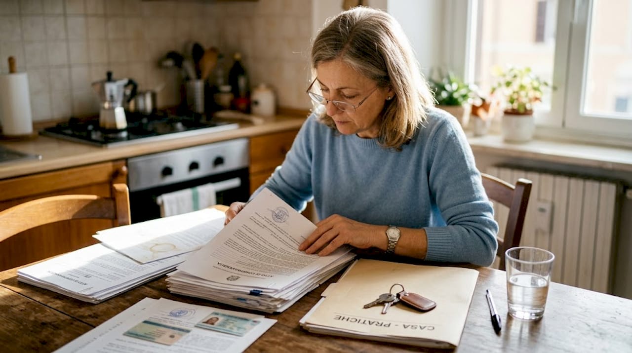 Una donna sta riordinando le carte relative alla sua casa, seduta al tavolo del soggiorno e controllando documenti immobiliari con attenzione.