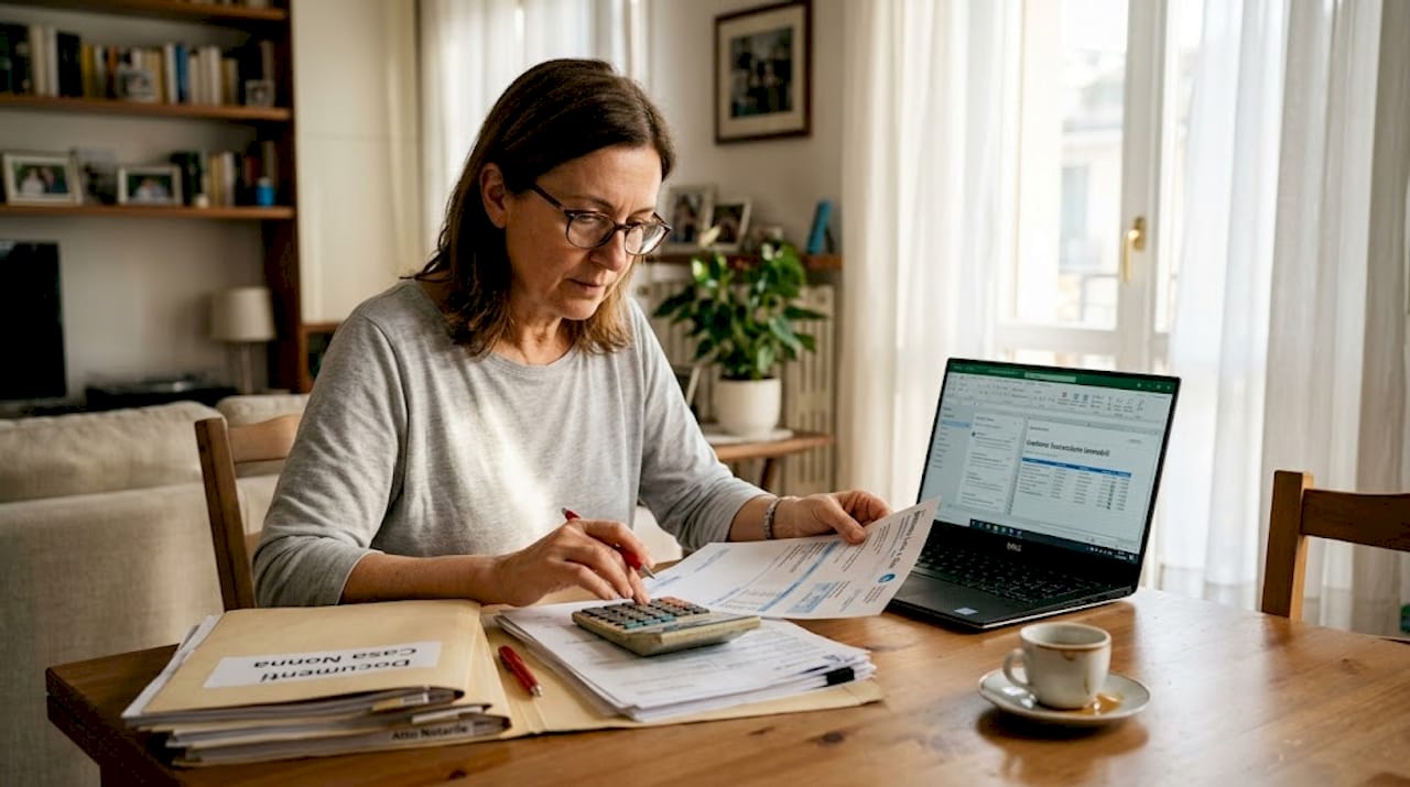 Donna seduta al tavolo mentre si occupa della gestione dei documenti relativi a un’eredità.