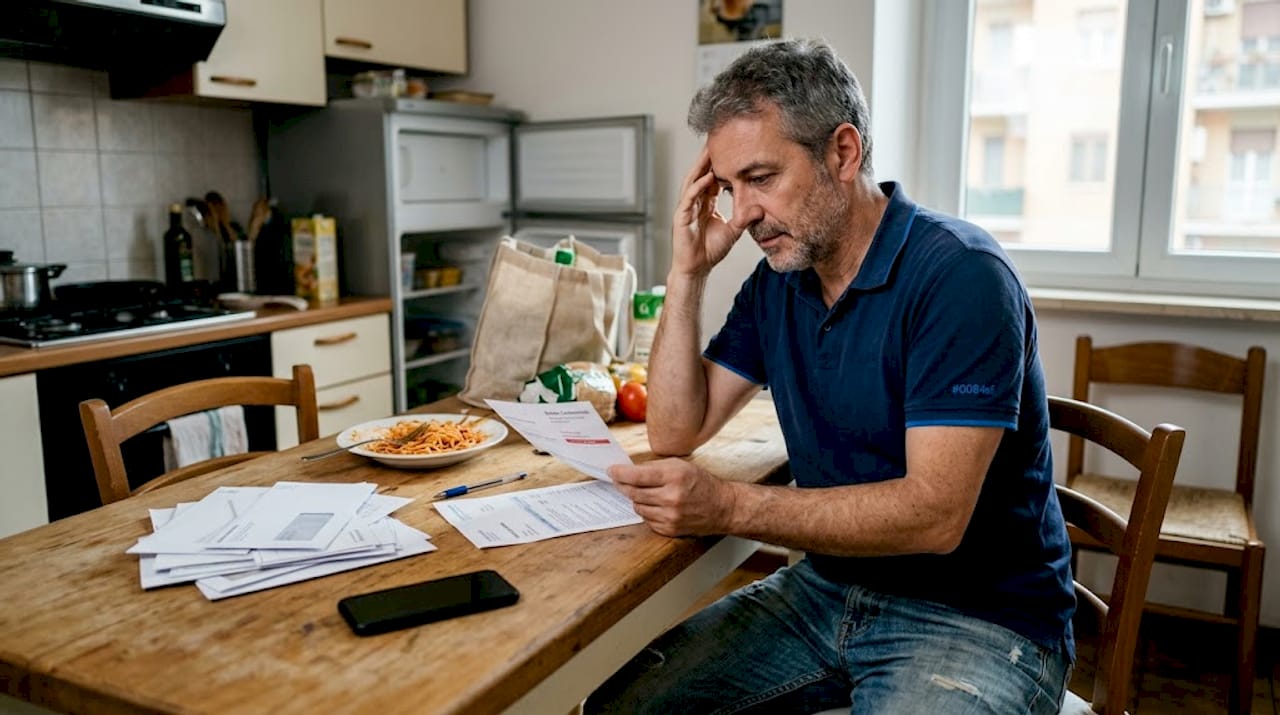 Un uomo seduto in cucina controlla le bollette condominiali arretrate