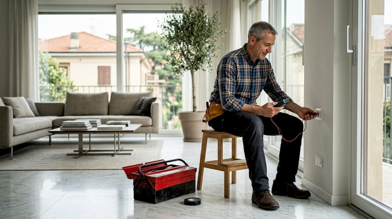 Un elettricista sta verificando una presa di corrente nel soggiorno di una casa italiana.