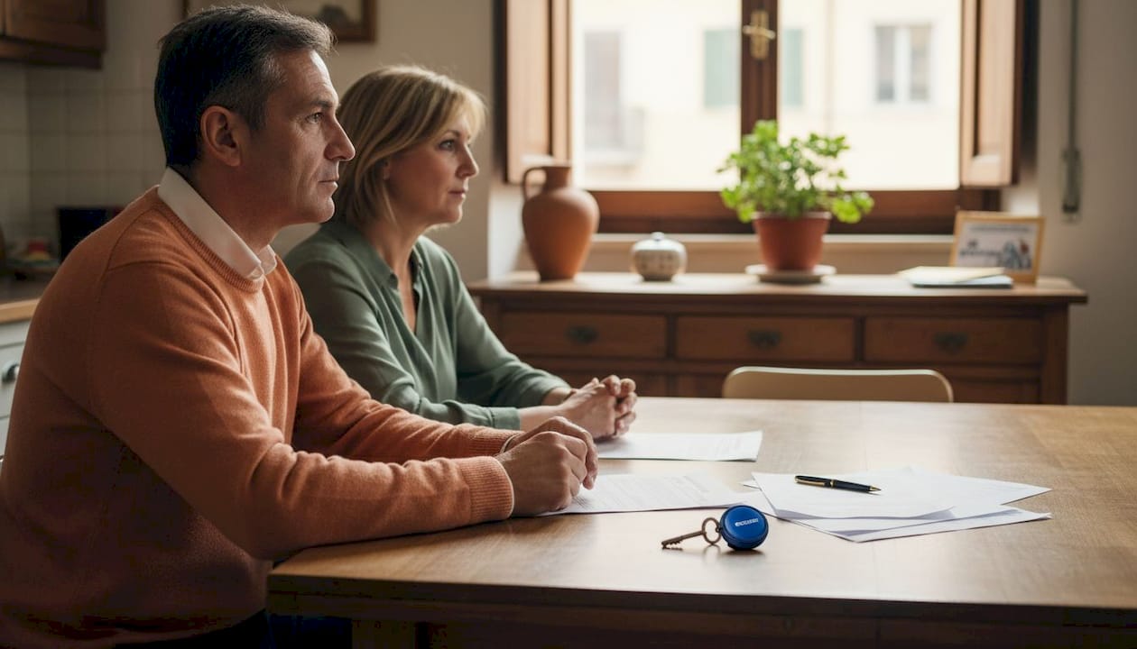 In cucina, due persone adulte stanno esaminando insieme le carte dell’eredità e ne parlano con attenzione.
