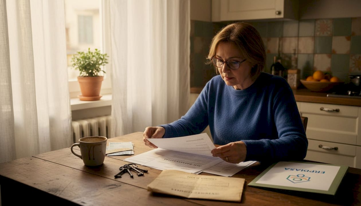 Una donna sta sfogliando le carte dell’eredità seduta al tavolo della cucina.