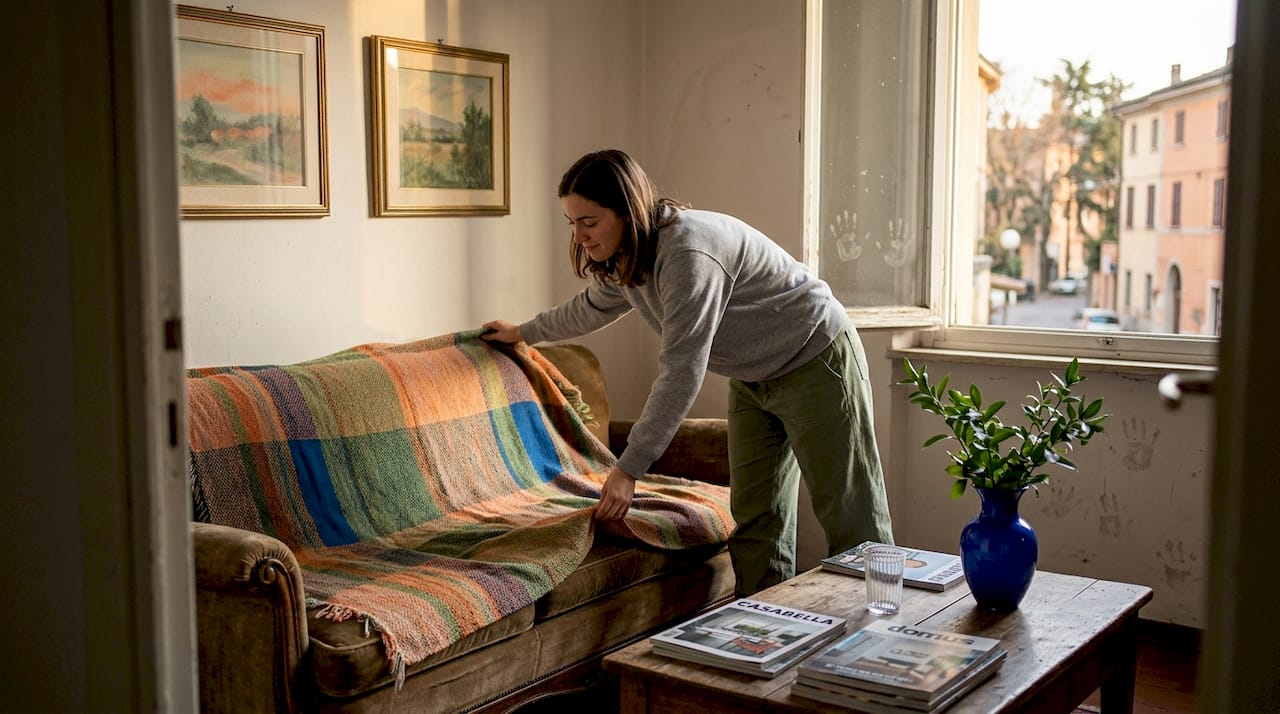 Una donna ridà valore al soggiorno di una casa in vendita, trasformandolo in un ambiente accogliente e invitante.