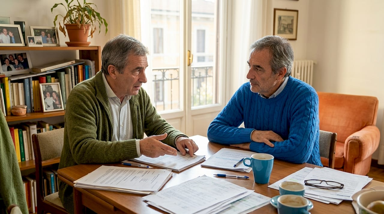 Due fratelli si ritrovano in casa per esaminare insieme i documenti dell’eredità.
