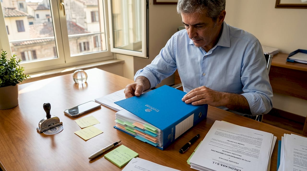 Il notaio sta preparando la documentazione necessaria per la compravendita immobiliare.