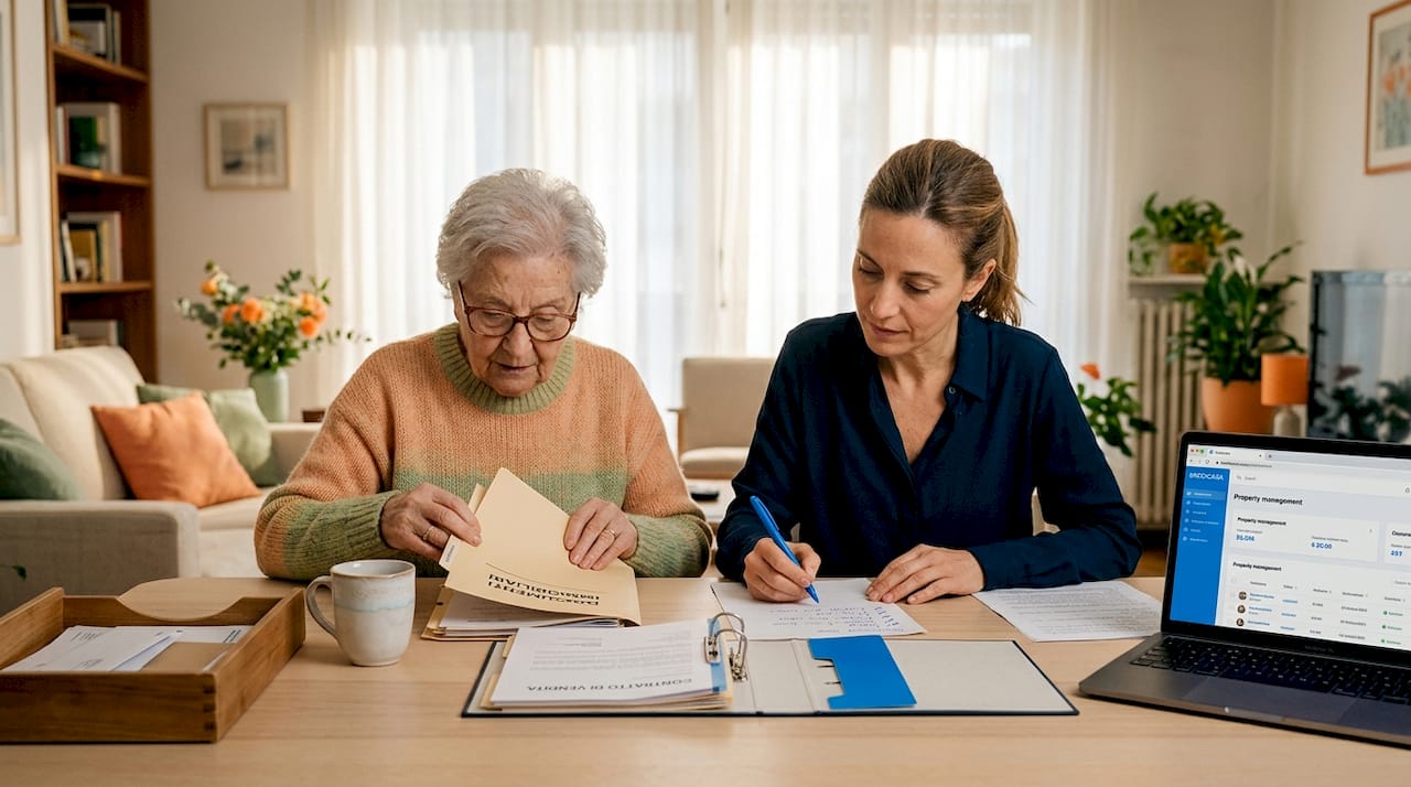 Due donne stanno sistemando le carte per l’eredità, controllando documenti e pratiche necessarie per la successione.