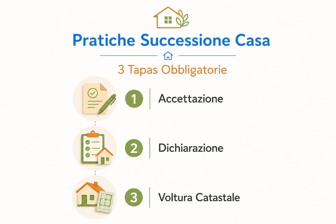 Infografica che illustra i tre passaggi fondamentali della successione ereditaria immobiliare