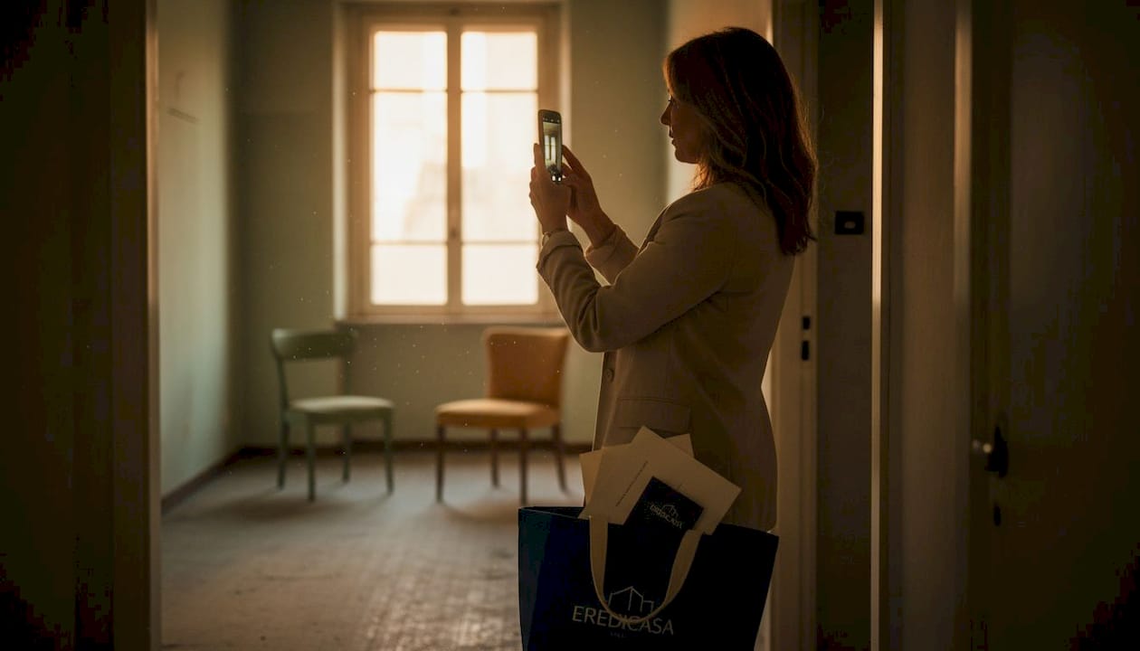 Una donna immortala con la sua macchina fotografica l’appartamento vuoto appena ricevuto in eredità.