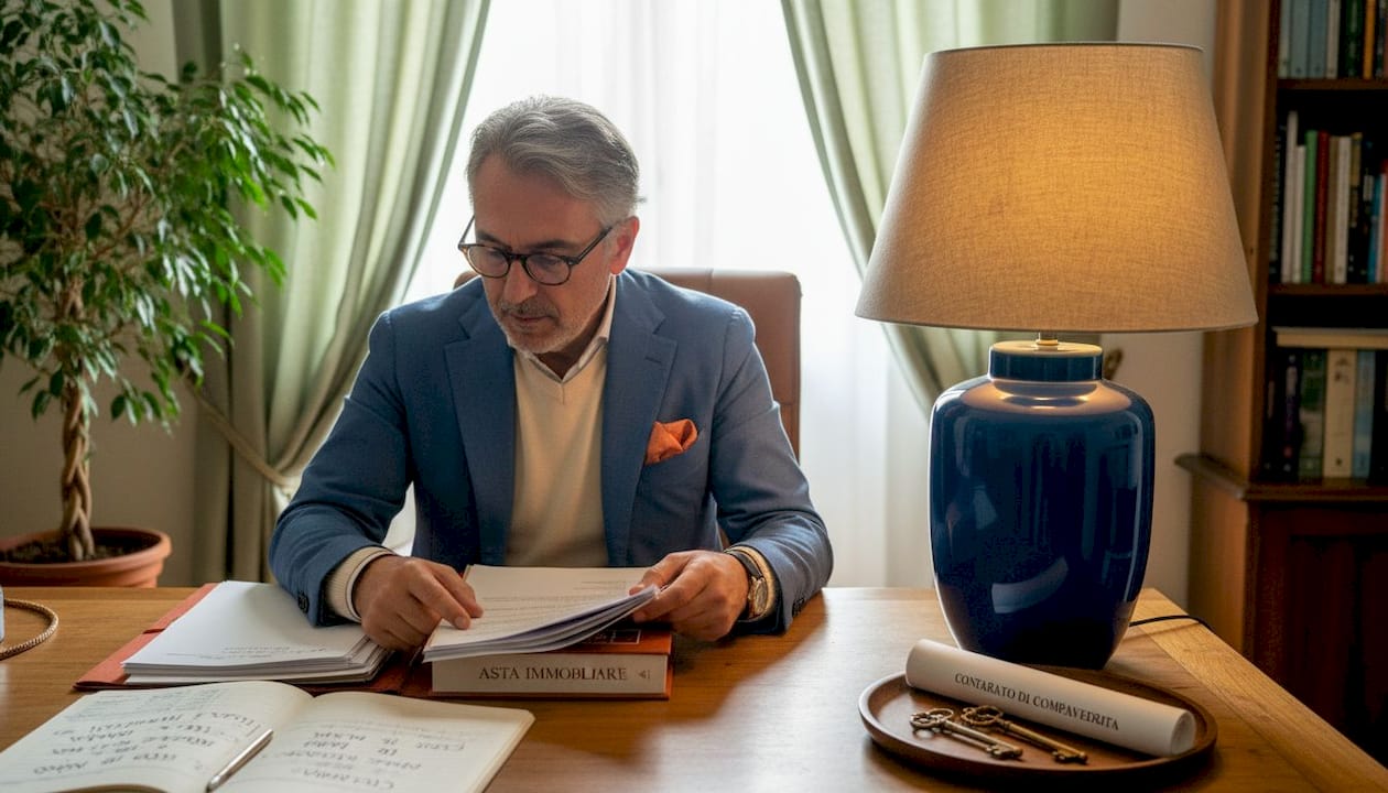 Un avvocato analizza la documentazione relativa a un’asta immobiliare nel proprio studio.