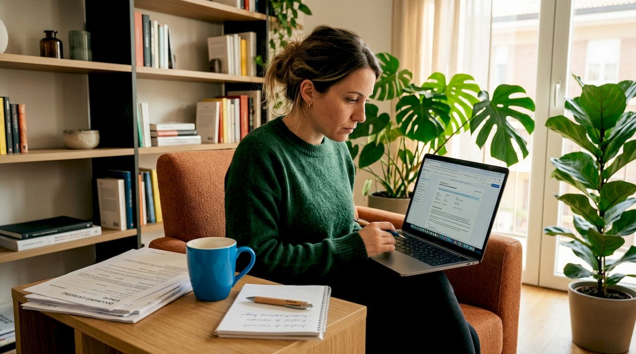 Una donna sta valutando il valore della sua casa consultando i documenti catastali.