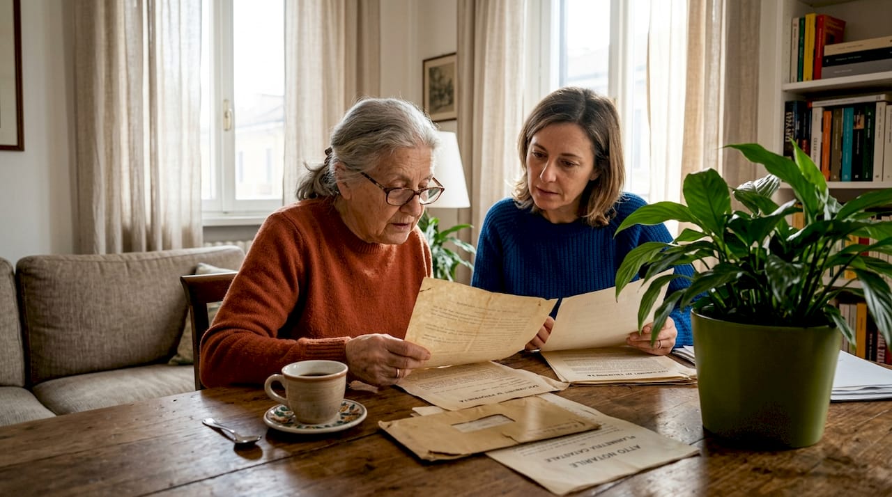 La famiglia si riunisce attorno al tavolo per esaminare i documenti relativi all’eredità.