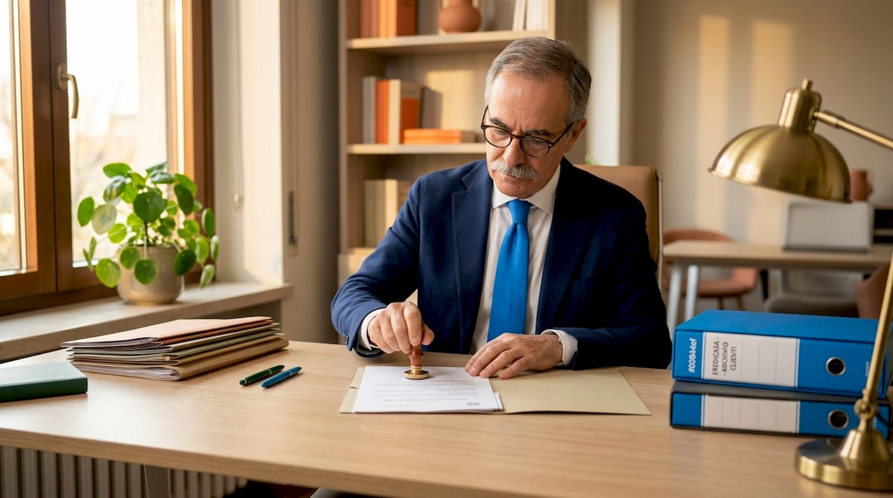 Il notaio si occupa delle pratiche di successione nel suo studio tradizionale.