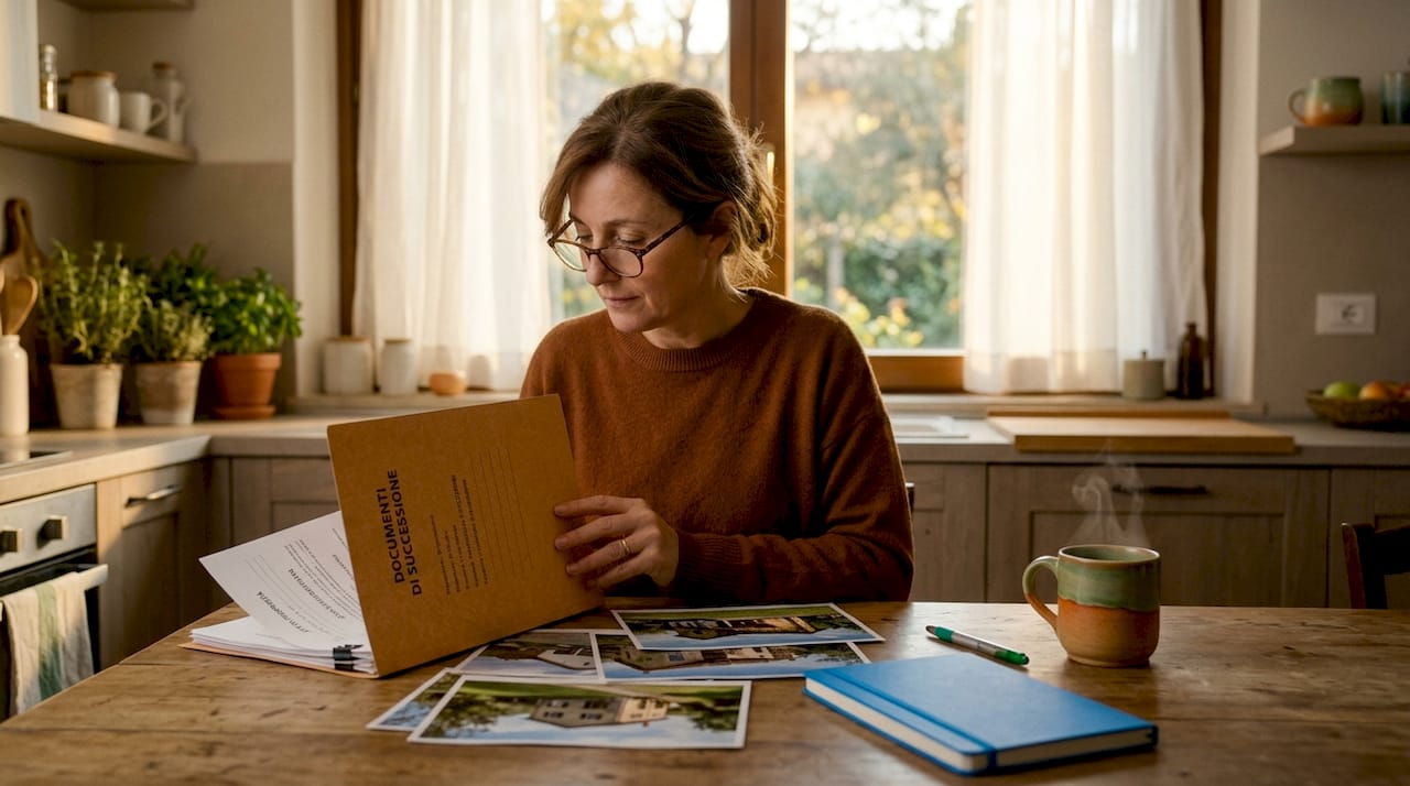 Una donna seduta in cucina si dedica alla lettura delle carte dell’eredità.