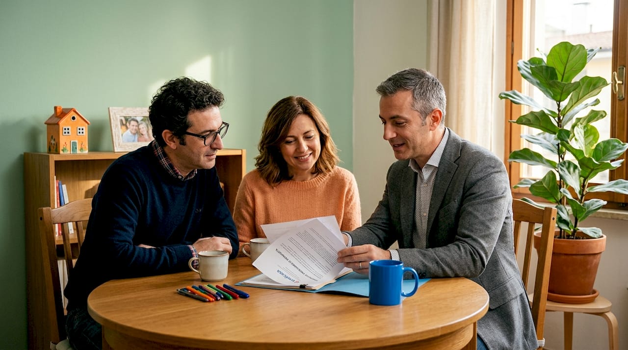 Incontro di consulenza per la vendita con agente immobiliare e coppia di clienti