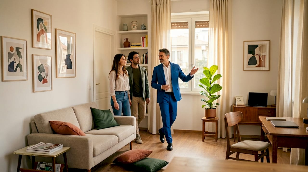 Un agente immobiliare accompagna i clienti alla visita di un appartamento pieno di luce.