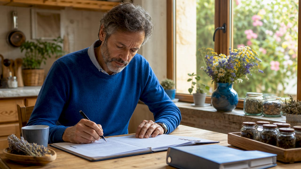 Uomo che esamina i documenti relativi a un’eredità nel proprio studio di casa