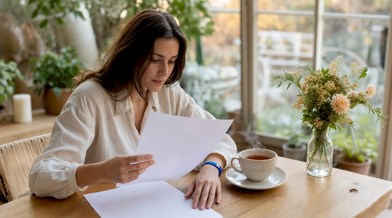 Donna seduta alla scrivania mentre compila la dichiarazione di successione