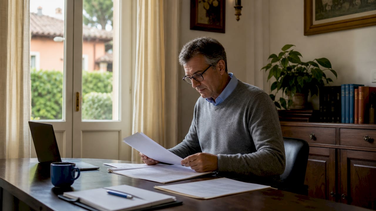 Uomo che si occupa della gestione delle pratiche di successione nella propria abitazione