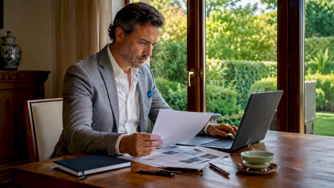 Uomo che controlla le nuove occasioni immobiliari comodamente da casa