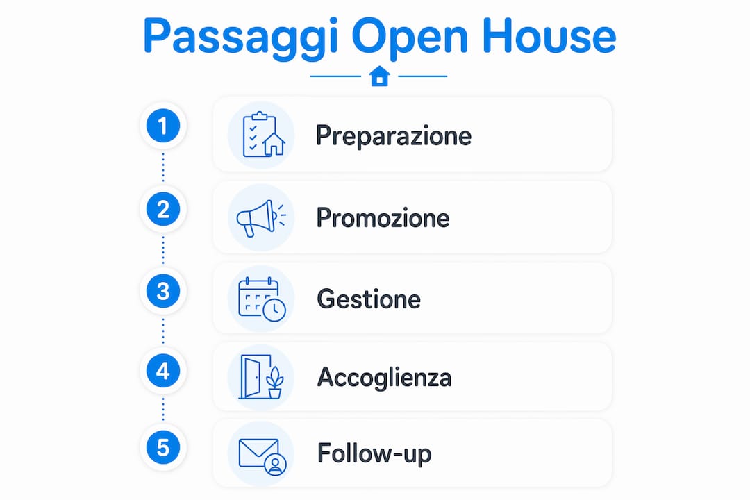 Un’infografica illustra tutti i passaggi fondamentali per organizzare con successo un open house immobiliare.