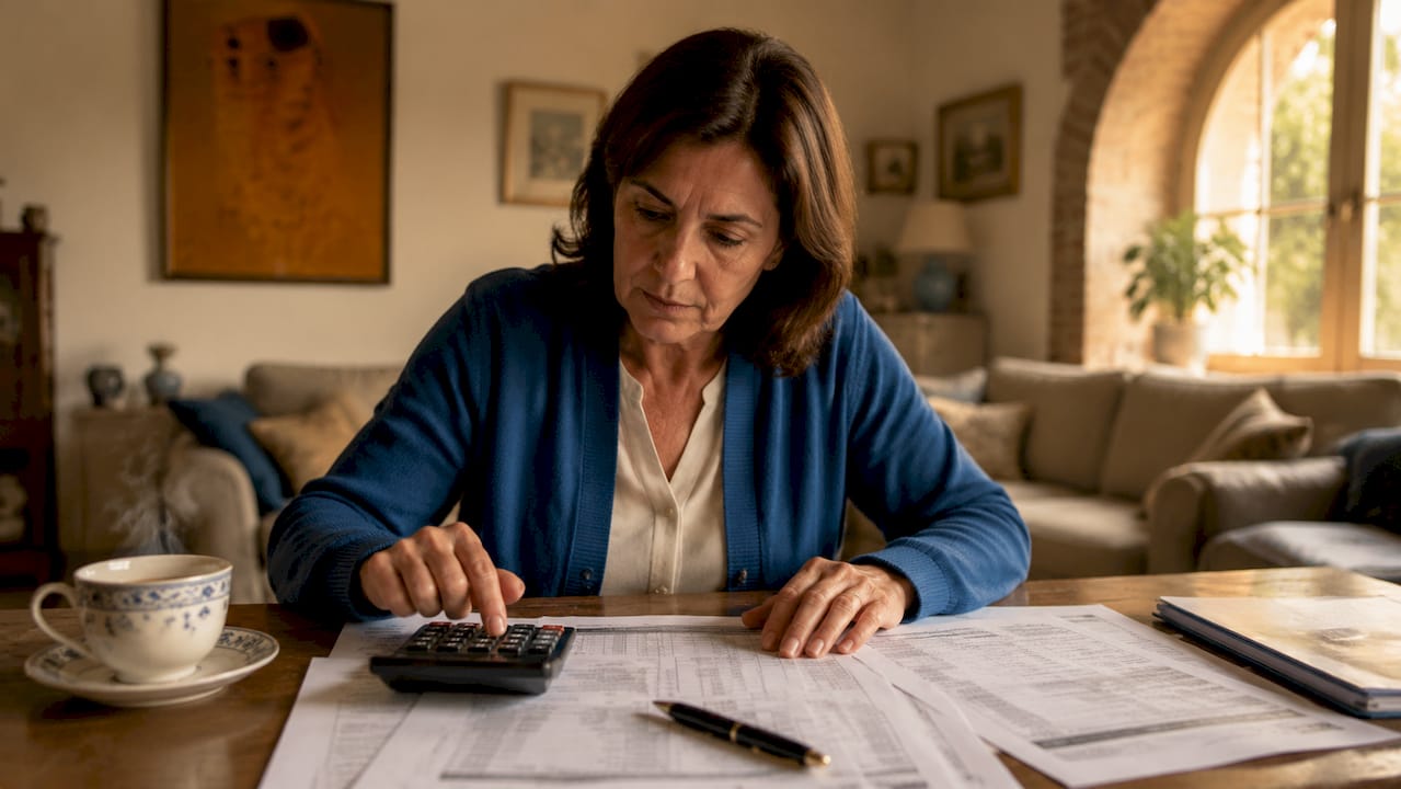 Una donna consulta i suoi documenti per determinare il valore catastale del suo immobile.