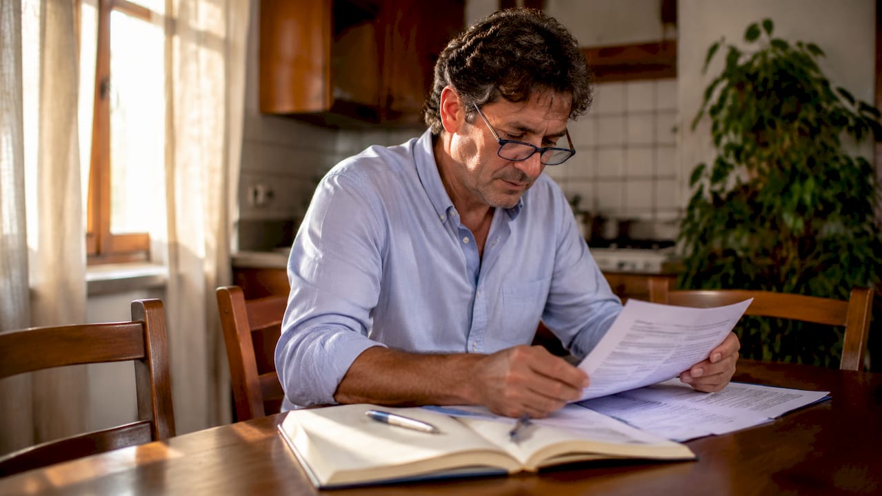 Uomo che controlla dei documenti legali seduto al tavolo del suo studio di casa