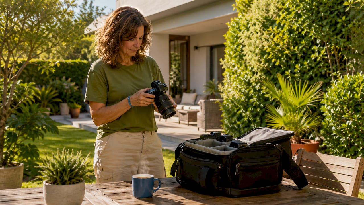 La fotografa professionista si dedica alla preparazione dell’attrezzatura per un servizio fotografico immobiliare.