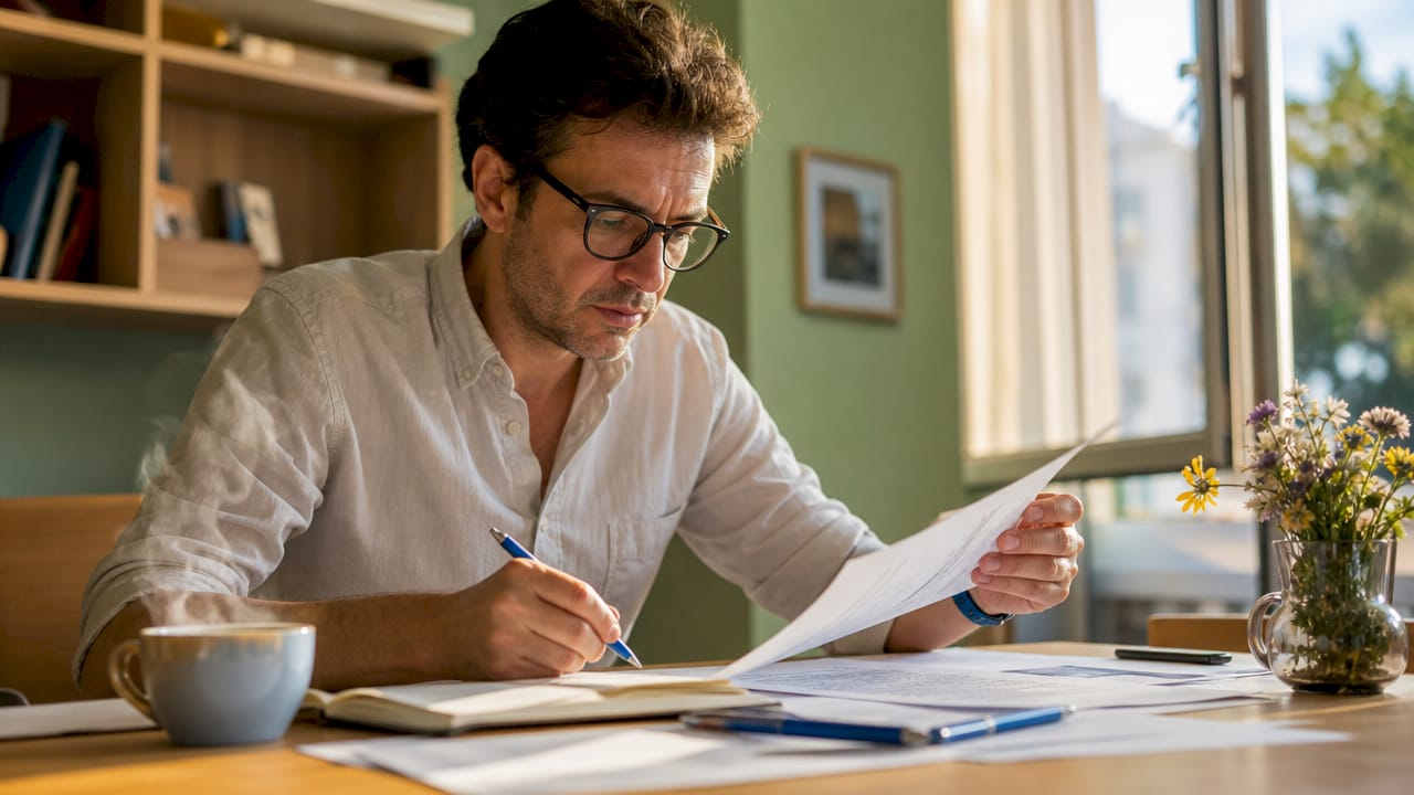 Uomo alle prese con la gestione dei documenti per la manutenzione di una casa ricevuta in eredità.