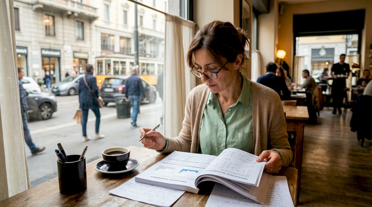 Una professionista sta esaminando attentamente la documentazione relativa alla valutazione di un immobile.