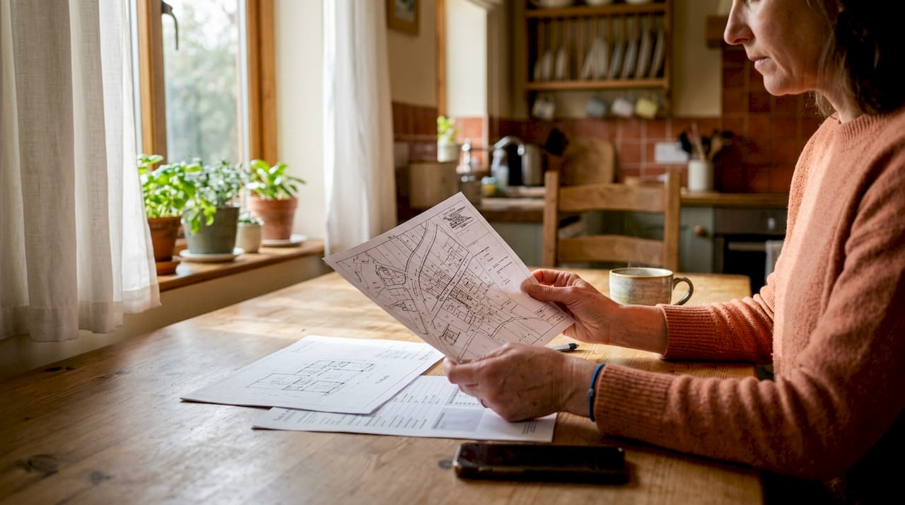 Mani che consultano una mappa catastale e i dati di un immobile