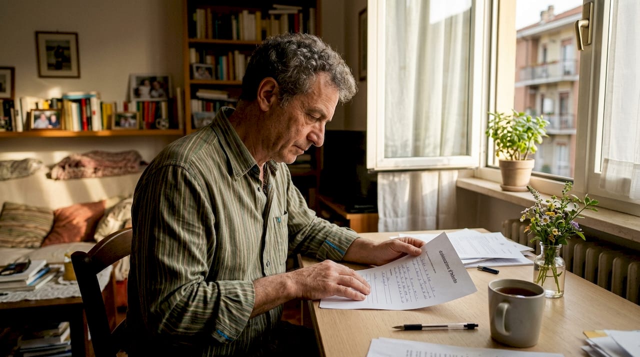 Un uomo sta leggendo a casa un documento importante che riguarda una dichiarazione di intenti.