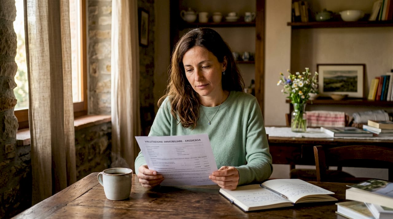 Una donna sta valutando un documento relativo alla stima della casa durante una visita a domicilio.