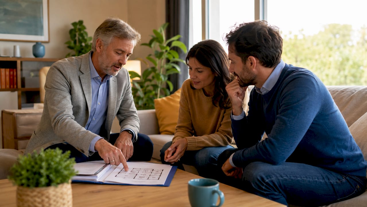 Incontro di consulenza immobiliare con una coppia di clienti presso l’agenzia