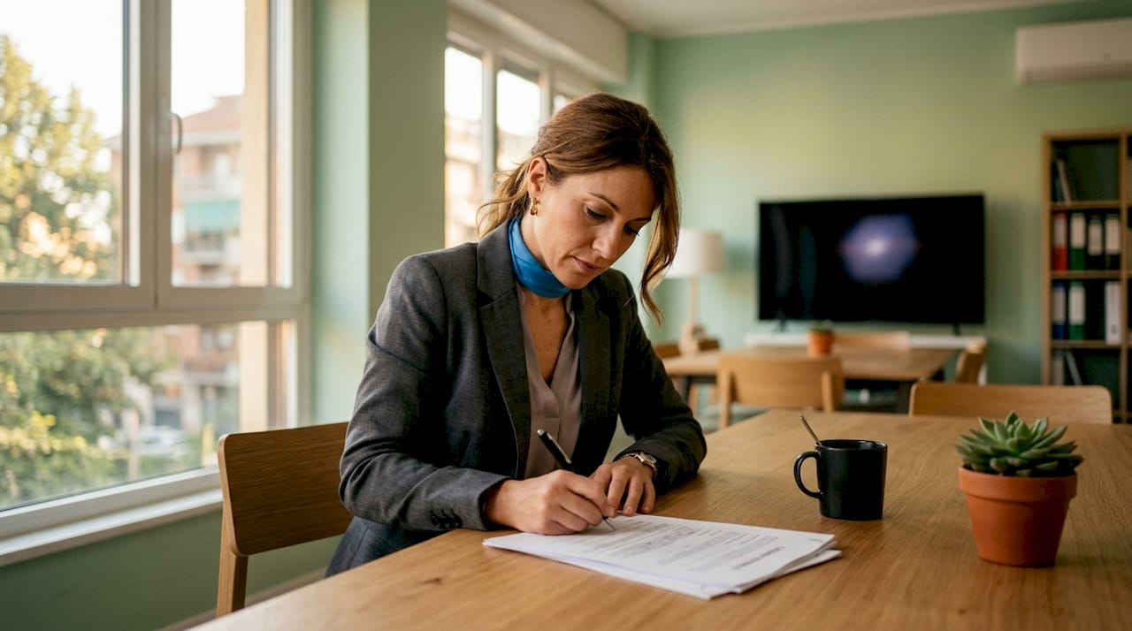 Una donna sta valutando attentamente un contratto di leasing immobiliare, esaminando ogni dettaglio prima di firmare.
