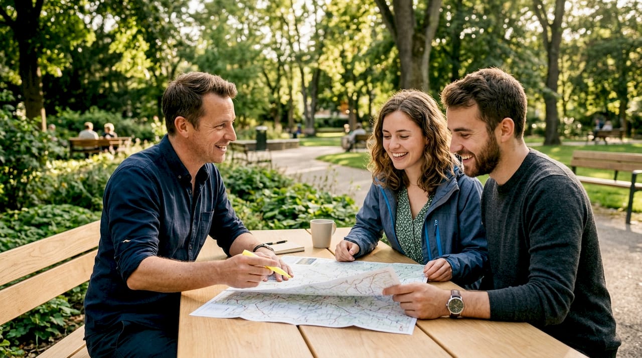 Un agente immobiliare illustra ai clienti la suddivisione regionale sulla mappa, spiegando le caratteristiche delle diverse zone e i vantaggi di ciascuna area.