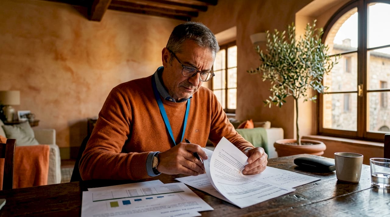 Professionista che esamina e valuta documenti relativi a compravendite immobiliari