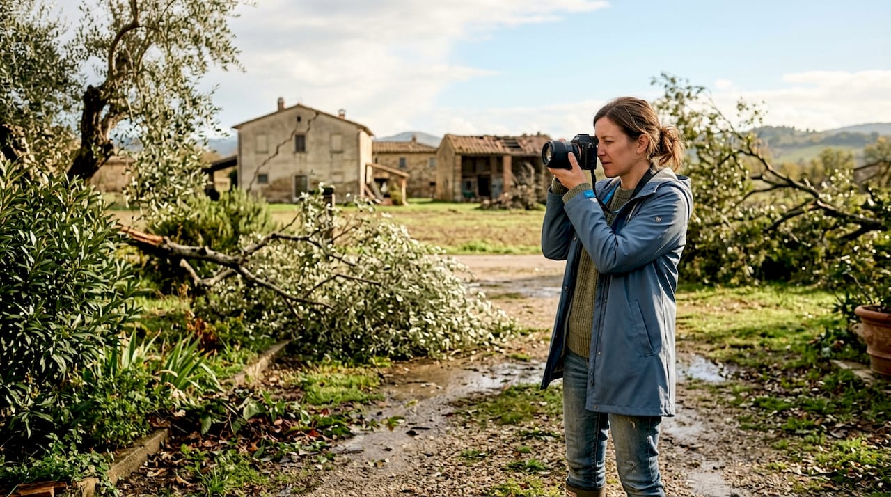 Una donna documenta, attraverso le sue fotografie, i danni causati dal cambiamento climatico agli edifici e alle strutture.