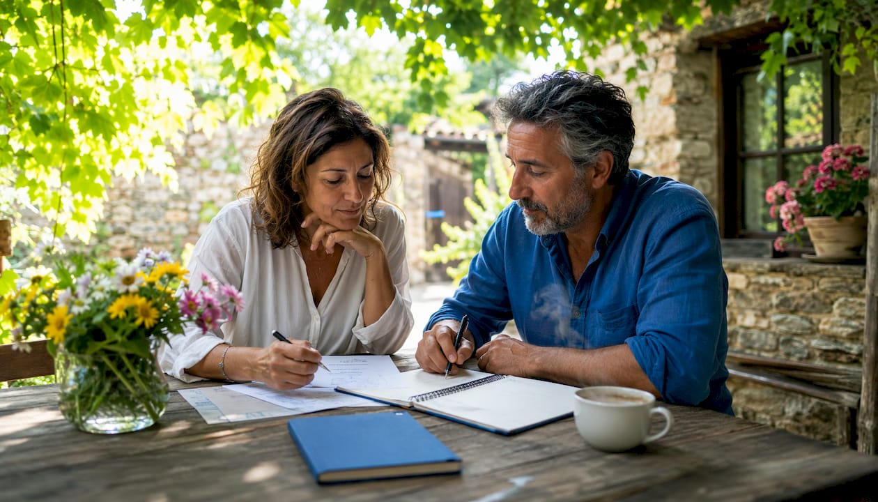 Una coppia seduta in soggiorno mentre valuta insieme le possibili soluzioni immobiliari per il futuro.