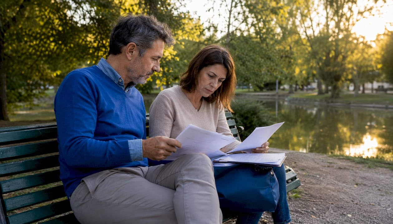 Una coppia seduta al tavolo che controlla le carte e i contratti per la vendita della propria casa.