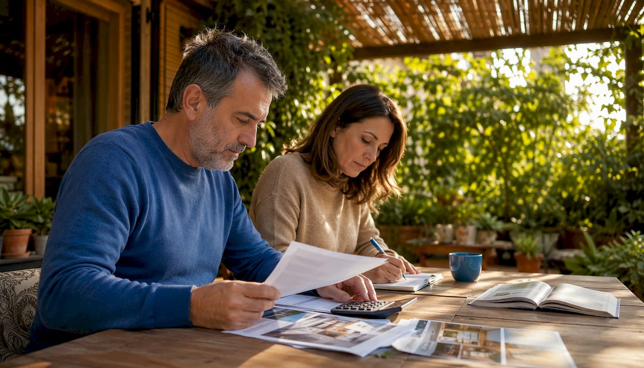 Coppia che tratta il prezzo di acquisto della casa mostrando i documenti necessari