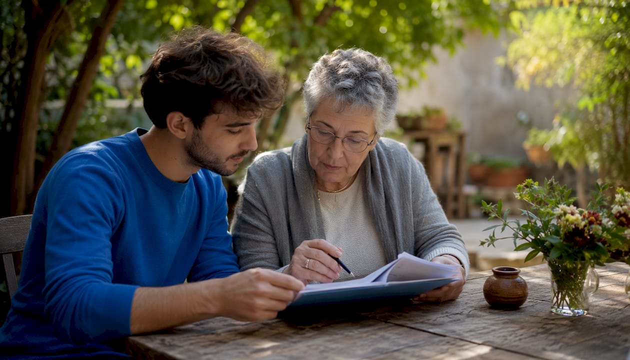 Una mamma e suo figlio stanno esaminando insieme i documenti relativi alla proprietà di famiglia appena ereditata.
