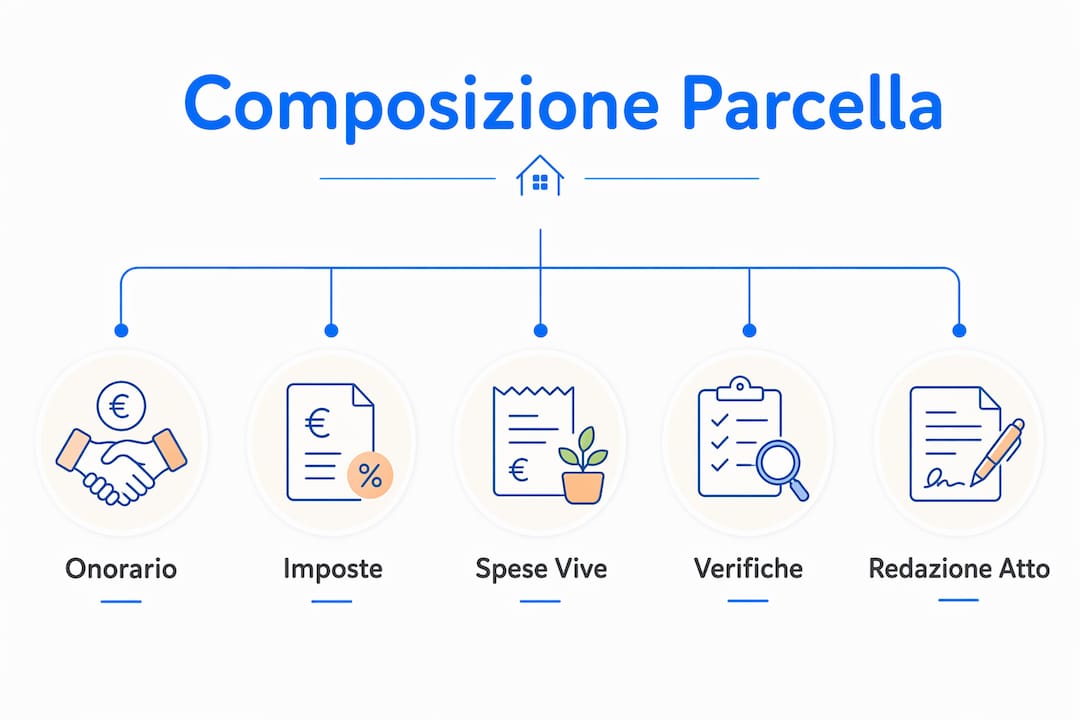 Grafica illustrativa che dettaglia le voci che compongono il costo di una prestazione notarile.