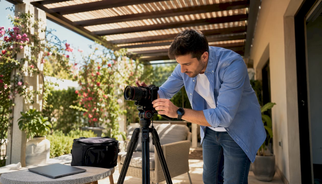 Un videomaker sta preparando la sua attrezzatura per girare le riprese all’interno di un appartamento.